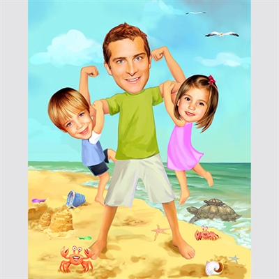 Dad and Kids on Beach Caricature from Photos - myDaVinci